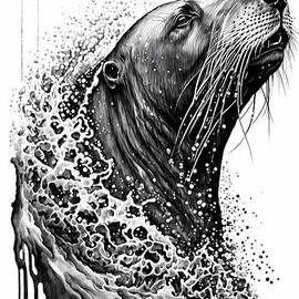 Sea Lion portrait Ink Drawing In Splash of Inked Black and White Animal Intricate Details by Jeff Creation