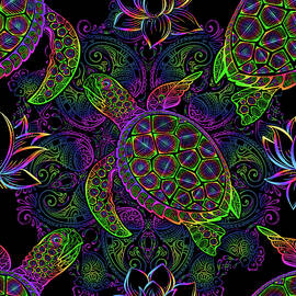 Sea turtle in psychedelic multicolor colors with lotuses and mandala in the style of boho - seamless pattern by Julien