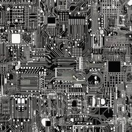 seamless electronics circuit board background texture high tech motherboard pattern in monochrome black white and grey a fun geeky engineering or computer science nerd textile swatch or backdrop by N Akkash