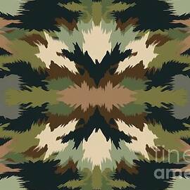 seamless ethnic ikat military or hunting camouflage pattern in army green forest brown sage and khaki a tileable abstract contemporary camo fashion design texture high resolution 3d rendering by N Akkash