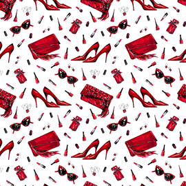 Seamless pattern with girl things in red color by Julien