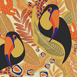 seamless textile trendy pattern with toucans on a branch in tropical nature in exotic with tropical leaves abstract painting by Julien