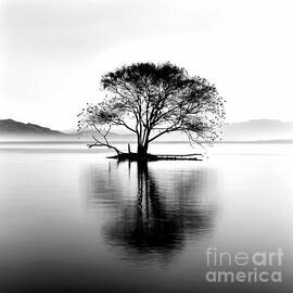 Serenity in Reflection, Minimalist Tree Reflected on Calm Waters, Artwork in Black and White by Zoe Studio