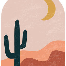Set of modern minimalist abstract aesthetic illustrations, cactus, crescent and hills landscape by MOUNIR KHALFOUF
