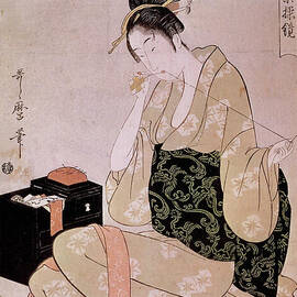 Sewing, Women's Manual Work Series, A Coutiriere Cutting Thread With Its Teeth, 18th Century print by Kitagawa Utamaro