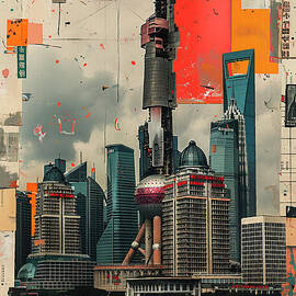 Shanghai Tower China - Collage of Shanghai Skyline with Abstract Elements by Clark Leffler