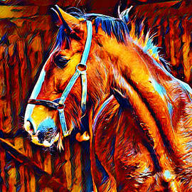 Shire horse in stable - blue orange and brown digital painting by Nicko Prints