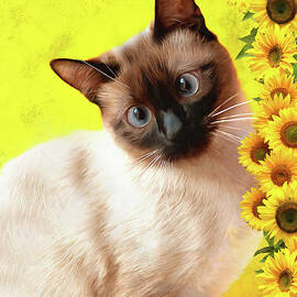 Siamese Cat and Sunflowers  by Elaine Manley
