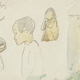Sketches of Crouching and Standing Figures, a Pig, and a Hut at Waters Edge by Paul Gaugin