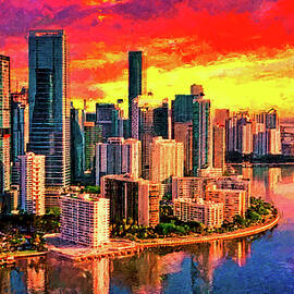 Skyline of Brickell and downtown Miami at sunrise - digital painting by Watch And Relax