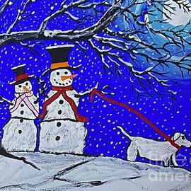  Abstract Snowman Walking The Dog Christmas Card by Jeffrey Koss