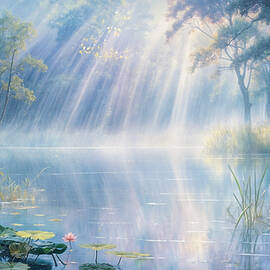 Soft rays of sunlight filter through the trees, illuminating a tranquil pond by Mango Art