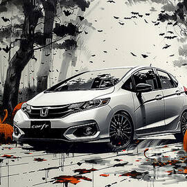 Spooky Halloween Honda Fit Illustration with Pumpkins and Bats by Clark Leffler