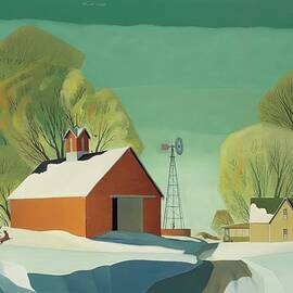 Spring snow - Farm scene with barns and windmill by Dale Nichols by Dale William Nichols