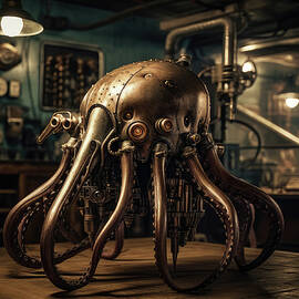 Steampunk giant squid  in a laboratory by Steve Estvanik