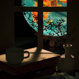 Still life with a glowing globe outside the window, a vase, a cup and books by Valentin Ivantsov