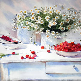 Still Life with Daisies and Cherries by Olena Kishkurno