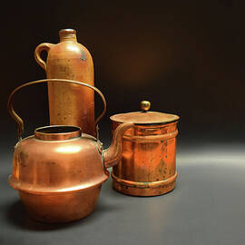 Stoneware Bottle and Antique Copper Pots by Frank Wilson