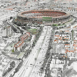 Sun Devil Stadium Tempe Arizona drawing Aerial View of a Stadium in a City with Mountain Range by Tommy Mcdaniel