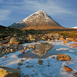 Sunrise over Buachaille Etive Mor reflecting in the River Coupall Glencoe Scotland by Martin Lawrence
