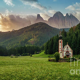 Sunrise Symphony in the Dolomites at St. Johann, Alpine Glory in Val di Funes by Sherry Keene