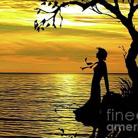 Sunset At The Lake Silhouette of a Woman Daydreaming Under a Tree by Rose Santuci-Sofranko