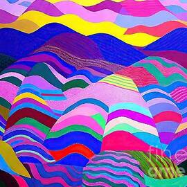 SUNSET OVER ROLLING HILLS  PATCHWORK FIELDS Painting abstract landscape stylized landscape patterns in landscape patchwork fields sunset over lake shapes and patterns 3d abstract alien alien planet by N Akkash