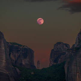 Super Blood Flower Moon Risen Above Meteora, Greece by IC Papachristos