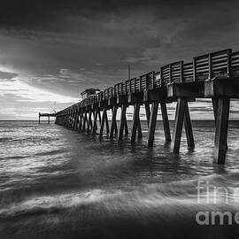 Surf at Venice Fishing Pier, Black and White by Liesl Walsh