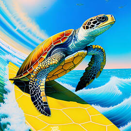 Surfing at Turtle Beach - Whimsical  by Ronald Mills