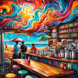 Swirls Of Color Form A Dynamic Sky Above A Beachside Bar