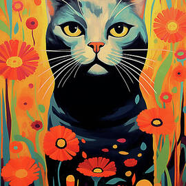 Tabby Cat and Flowers by Peggy Collins