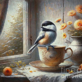 Tea Time Visitor - Chickadee and Flowers by Maria Angelica Maira