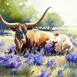 Texas Longhorn in Field by Laura's Creations