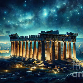 The ancient ruins of the Parthenon on a starry night, with the glow of Athens in the background. by Jeff Creation