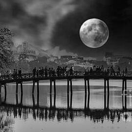 The Huc Bridge Hanoi Super Moon Black white  by Chuck Kuhn