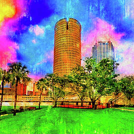 The Rivergate Tower seen from the Plant Park in Tampa at sunrise - watercolor ink by Watch And Relax