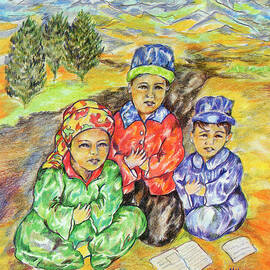 Three Afghan Kids studying in the mountains by Mehb Art Studio