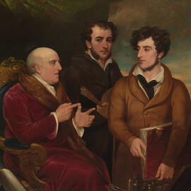 Three men are depicted in a classic portrait with one seated on the left in a red robe and two stand by MotionAge Designs