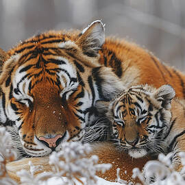 Tiger mother with cub in snowy habitat, showcasing their bond and the beauty of wildlife. by Wildscape Creations