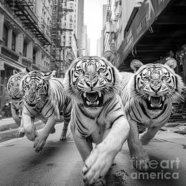 Tigers Running through Manhattan BW by Elisabeth Lucas