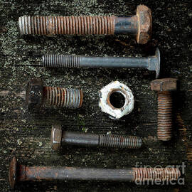 Top view of the rusty and old nut bolts and screws put on the grunge table surface by BERNARD JAUBERT