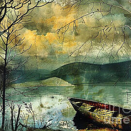 Tranquil Lake Scene with a Boat and Bare Trees by Clark Leffler