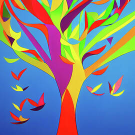 Tree and Birds Colorful Abstract 01 by Matthias Hauser