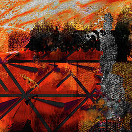 Tree-lined city park fragmented sunrise abstract by Silver Pixie