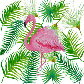 Tropical Leaves and pink Flamingo by Jan Matson