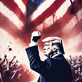 Trump raised fist stands in the foreground, while a crowd with raised arms American flag by Jeff Creation