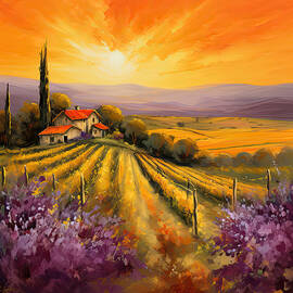 Tuscan Vineyard Sunset - Vineyard Impressionist Paintings by Lourry Legarde