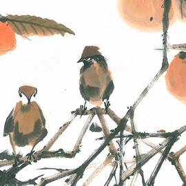 Two birds on kaki branch by Andrea Snuggs