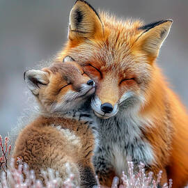 Two foxes cuddling amidst purple flowers, displaying affection and tenderness in a serene natural setting. by Wildscape Creations